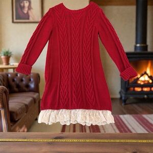 Elegant Red Knit Kids Dress with Lace Trim